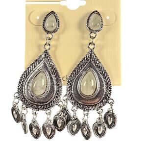 Silver Tone Teardrop Dangle Earrings Boho Statement Chandelier 2.5" BKE